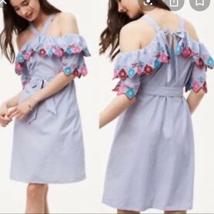 LOFT blue stripe off shoulder embroidered dress